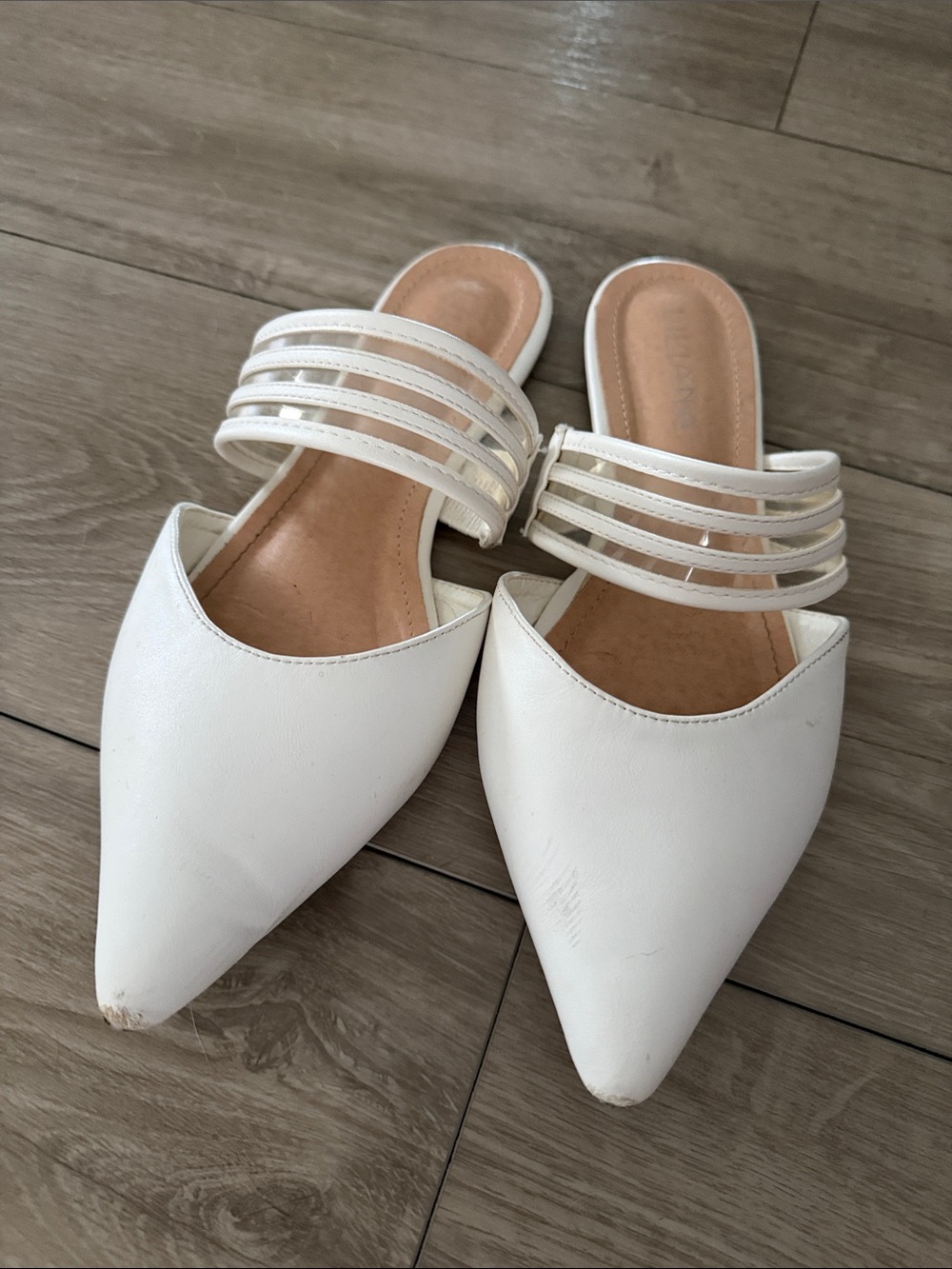 Liliana White Pointed-Toe Slide Mules with Multi-Strap Upper